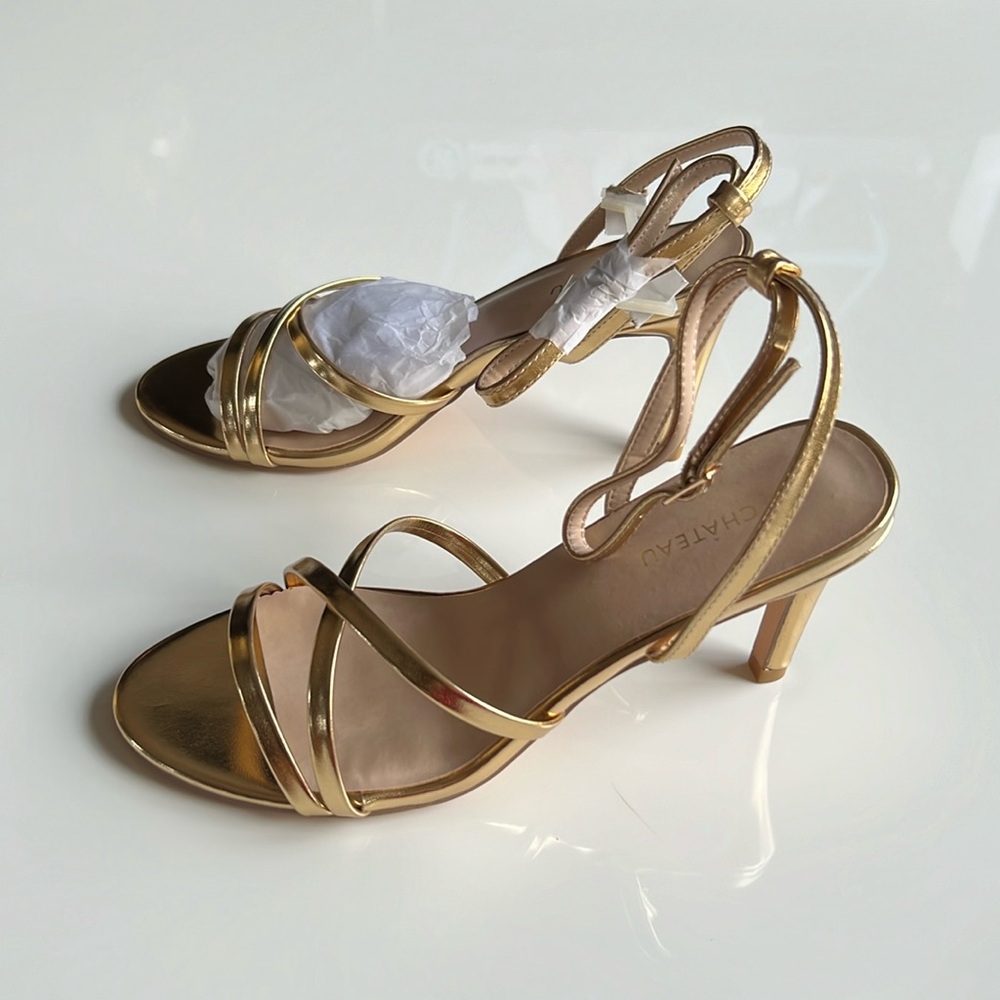 Le Chateau Gold Strappy Ankle Strap High Heel Sandals, new